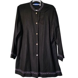 JH Collectibles Black Mandarin Collar Linen Jacket w White Embroidery XL EUC